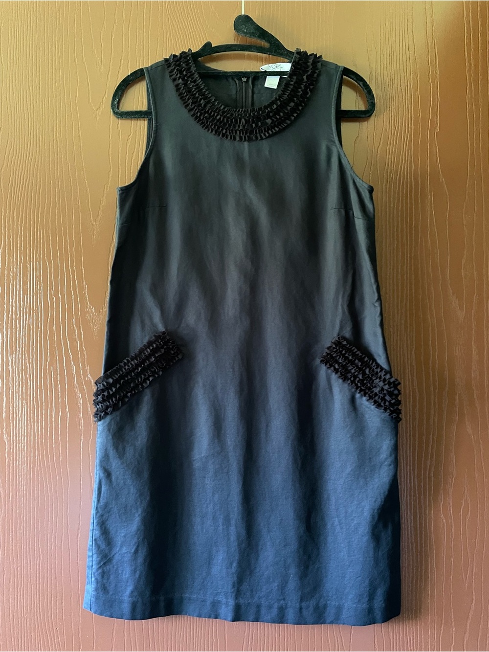 LOFT Black Sleeveless Shift Dress with Ruffle Trim